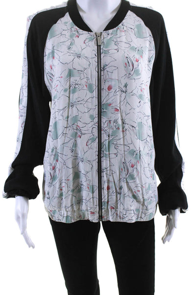 Sanctuary Womens Floral Raglan Sleeve Zip Bomber Jacket White Blue Black Large