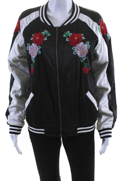 Aqua Womens Embroidered Floral Satin Bomber Jacket Black White Red Size Medium