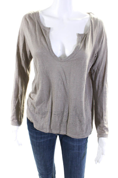 Maje Womens Long Sleeve V Neck Knit Tee Shirt Brown Linen Size 2