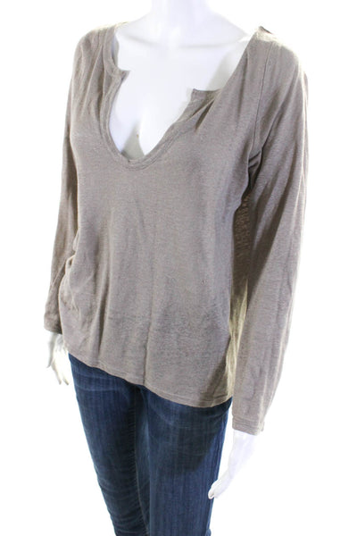 Maje Womens Long Sleeve V Neck Knit Tee Shirt Brown Linen Size 2