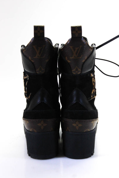 Louis Vuitton Womens Pony Hair Monogram Canvas Trim Combat Boots Black Size 38 8