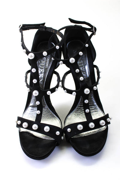 Alexander McQueen Womens Faux Pearl Satin Strappy Sandals Black Size 38.5 8.5
