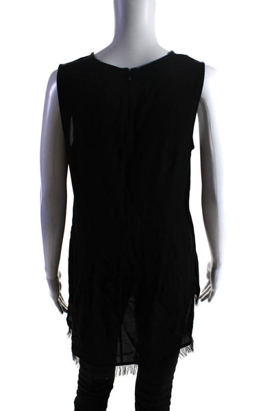 Theory Womens Black Silk Fringe Crew Neck Zip Back Sleeveless Tunic Top Size M