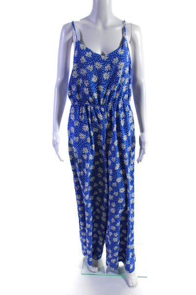 Skies Are Blue Womens Blue Floral Polka Dot Sleeveless Wide Leg Jumpsuit Size L