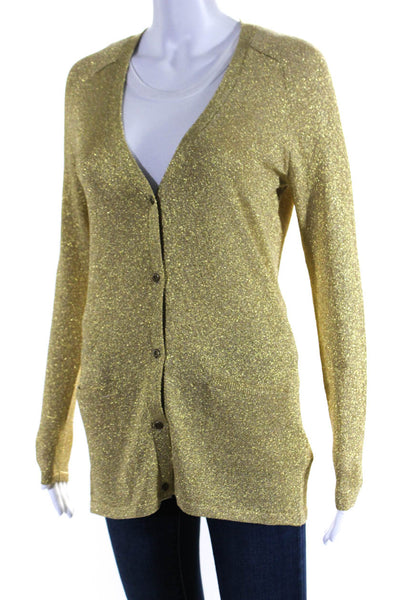 Tibi Womens Metallic V-Neck Long Sleeve Button Up Cardigan Sweater Gold Size S