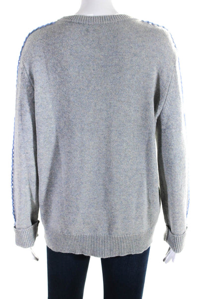 Theory Womens Crew Neck Whipstitch Sleeve Sweater Blue Ivory Cashmere Medium