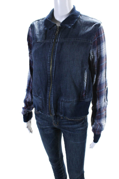 Bella Dahl Womens Plaid Flannel Denim Collared Full Zip Jacket Blue Size Small