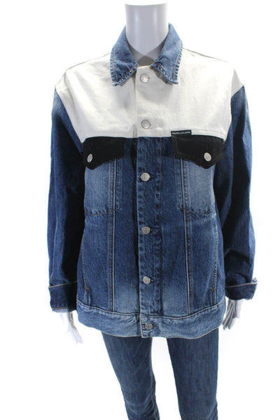 Little Bit Different Womens Reconstructed Color Block Denim Jacket Blue Large