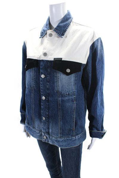 Little Bit Different Womens Reconstructed Color Block Denim Jacket Blue Large