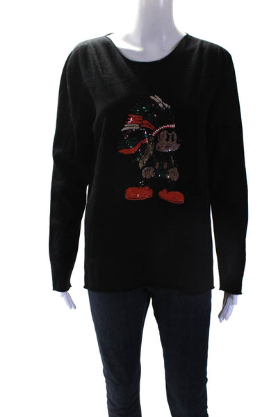 L'Edition Womens Embroidered Sequined Graphic Print Sweater Black Size L