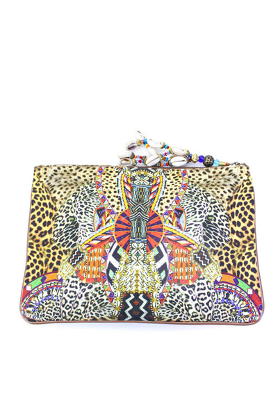Camilla Womens Animal Abstract Print Beaded Zipped Pouch Handbag Brown