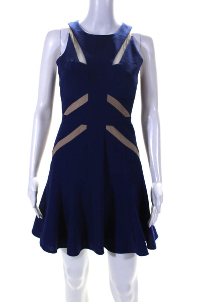 BCBGMAXAZRIA Womens Sleeveless Mesh Panel A-line Dress Blue Size 4