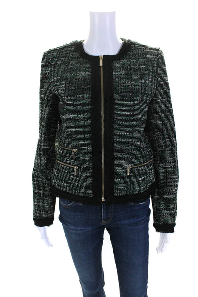 Karl Lagerfeld Womens Front Zip Crew Neck Fringe Knit Jacket Black Green Small