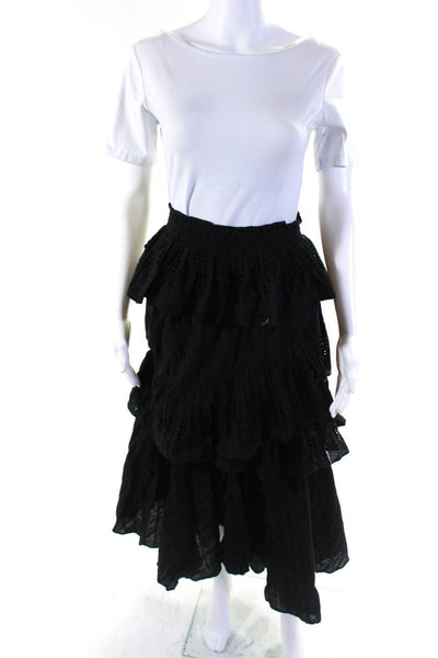 Misa Womens Eyelet A Line Tiered Maxi Skirt Black Cotton Size Medium