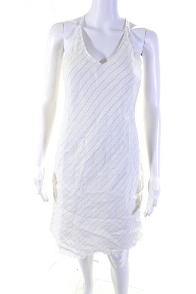 ATM Womens Linen Striped V Neck Sun Dress White Black Size Extra Small