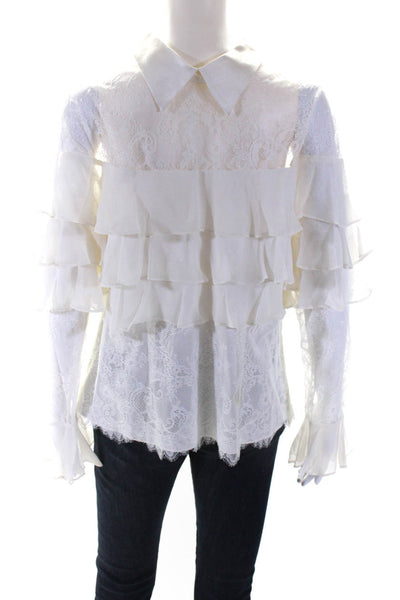 Teri Jon Womens Long Sleeve Ruffle Trim Lace Collared Blouse White Size 12