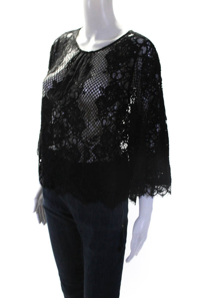 Alexis Womens Lace Bell Sleeve Gathered Scallop Trim Blouse Black Size M