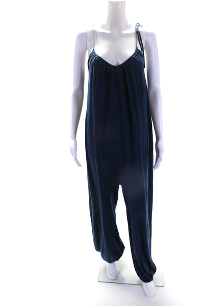Minnie Rose Womens Cotton Woven Sleeveless Round Neck Jumpsuit Blue Size Small