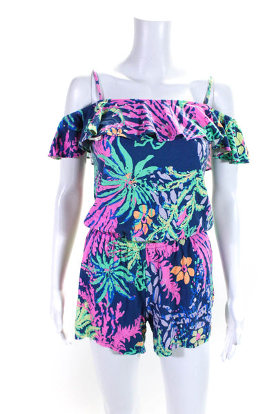 Lily Pulitzer Womens Abstract Print Ruffled Sleeveless Romper Blue Size XS