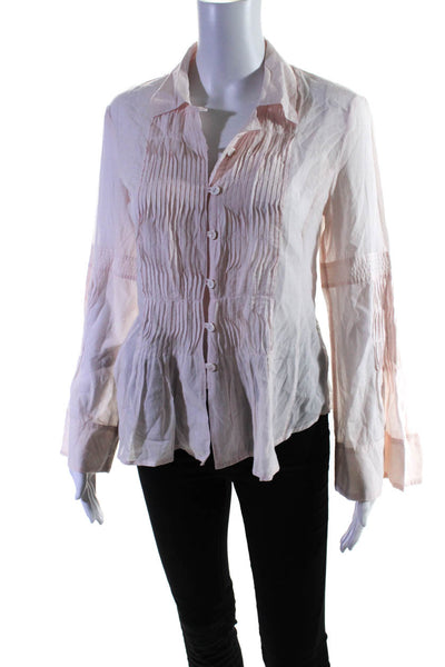 Nic + Zoe Womens Pink Cotton Collar Pleated Long Sleeve Blouse Top Size S