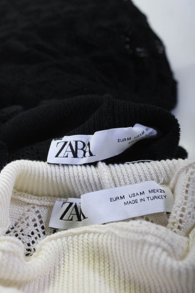 Zara Womens Lace High Neck Long Sleeve Knit Blouses Tops Black Size M Lot 2