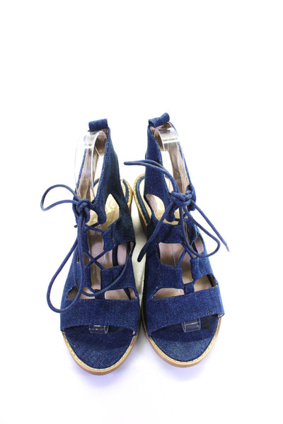 Christian Lacroix Womens Open Toe Strappy Lace Up Block Heels Sandals Blue Size