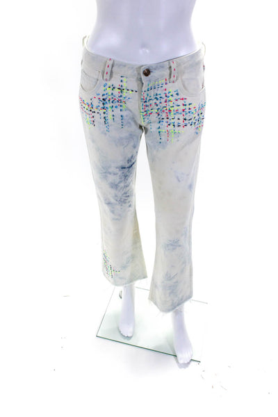 Alanui Womens Cotton Denim Embroidered Plaid Straight Leg Jeans White Size 26