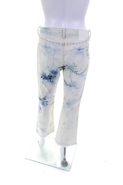 Alanui Womens Cotton Denim Embroidered Plaid Straight Leg Jeans White Size 26