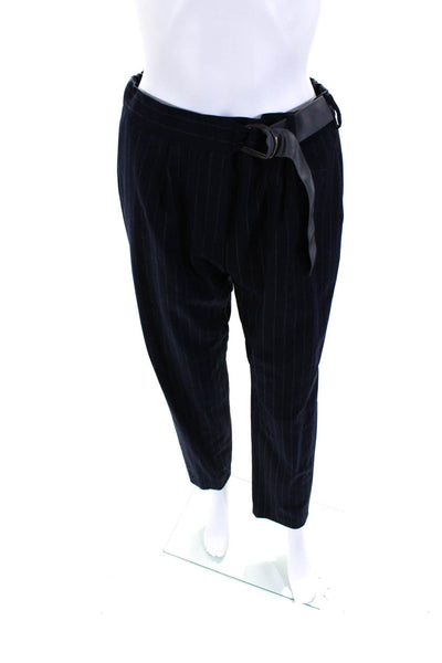 ELEVENTY Womens Wool Striped Print Straight Leg Belted Trousers Navy Blue Size 6