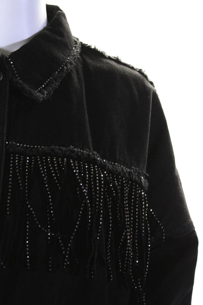 Zara Womens Denim Beaded Fringe Collared Snap Front Blouse Shacket Black Size S