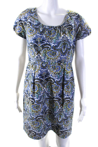 J Crew Women's Round Neck Short Sleeves Pockets A-Line Mini Paisley Dress Size 8