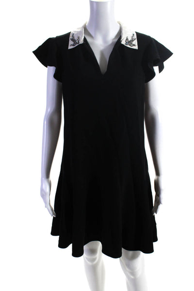 Rebecca Taylor Womens Side Zip Short Sleeve Satin Collar Shift Dress Black 6