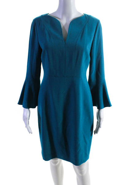 Elie Tahari Womens Back Zip 3/4 Flare Sleeve V Neck Sheath Dress Blue Size 4