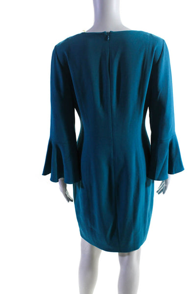 Elie Tahari Womens Back Zip 3/4 Flare Sleeve V Neck Sheath Dress Blue Size 4