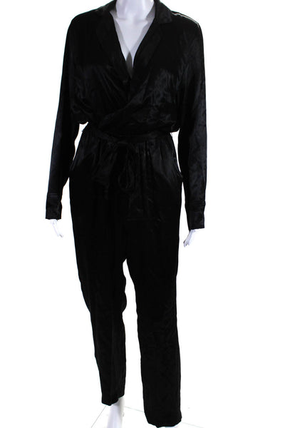 Tina Jo Womens Button Front Long Sleeve Collared Satin Jumpsuit Black Size XS