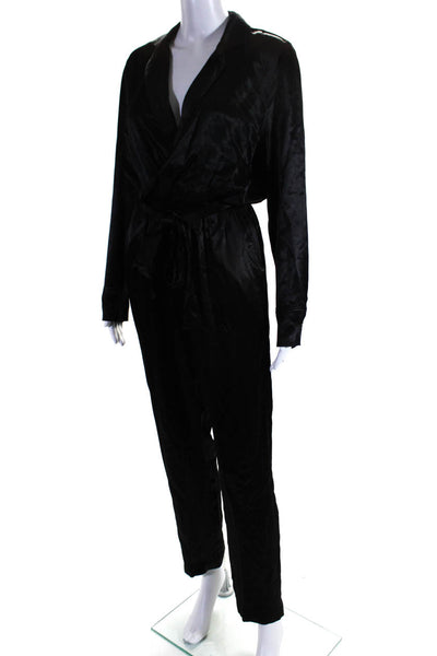 Tina Jo Womens Button Front Long Sleeve Collared Satin Jumpsuit Black Size XS