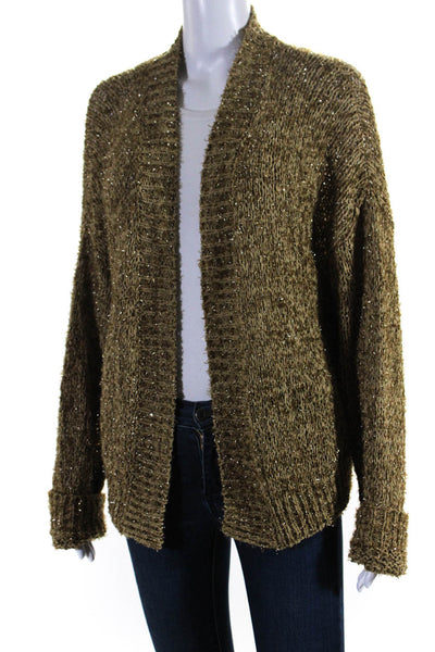 Momoni Womens Open Fornt Metallic Knit Cardigan Sweater Brown Cotton Size Medium