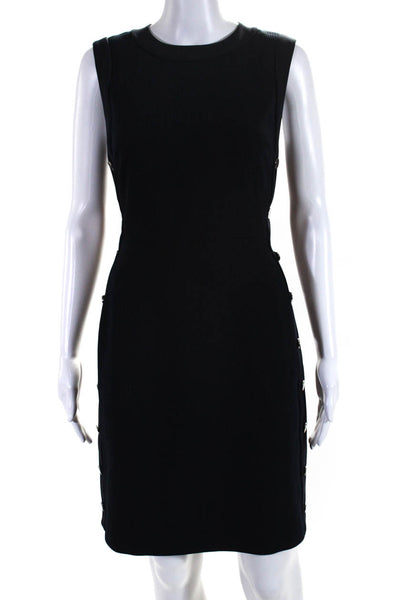 Club Monaco Womens Back Zip Button Trim Crew Neck Sheath Dress Navy Blue Size 4