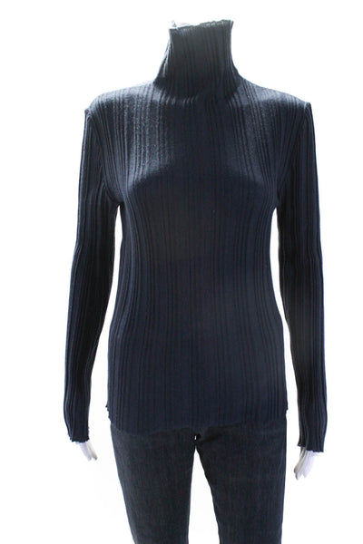 Akris Womens Ribbed Long Sleeved Thin Knit Mock Neck Sweater Navy Blue Size 12