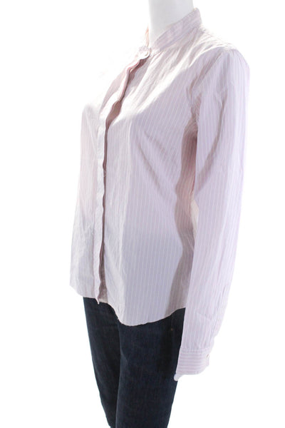 Theory Womens High Neck Striped Long Sleeve Button Up Shirt Blouse Pink Large