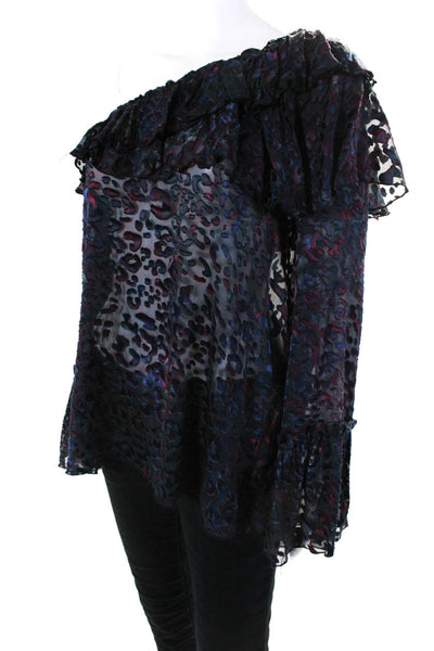 IRO Womens Leopard Printed Velvet Burn On Ruffled Blouse Top Black Size 40