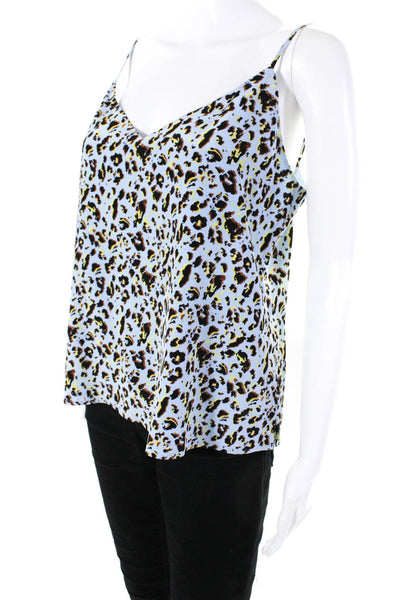 L'Agence Womens Silk Leopard Printed V-Neck Tank Top Blouse Light Blue Size S