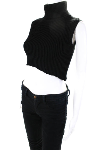 Guizio Women's Turtleneck Sleeveless Ribbed Cropped Sweater Black Size S