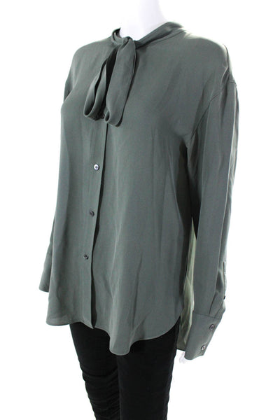 Theory Womens Button Front Long Sleeve Tie Neck Silk Shirt Gray Size Small