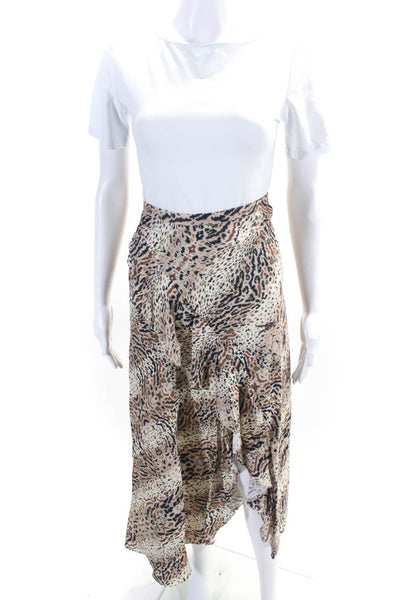 Allsaints Womens Abstract Animal Print Ruffle Midi Skirt Beige Brown Size 6