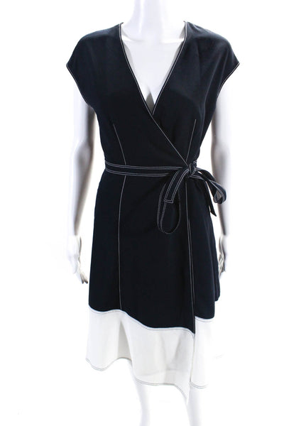 Joie Womens Color Block Sleeveless Belted Midi Wrap Dress Navy Blue White Small