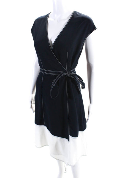 Joie Womens Color Block Sleeveless Belted Midi Wrap Dress Navy Blue White Small