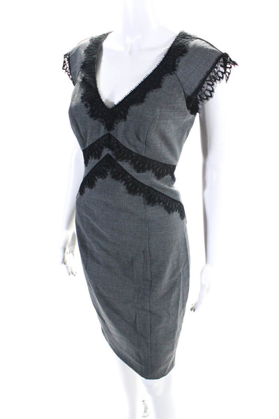 Rebecca Taylor Womens Lace Trim V Neck Sleeveless Sheath Dress Gray Size 6