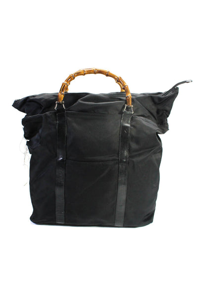 Gucci Womens Bamboo Handle Zip Top Large Leather Trim Nylon Tote Handbag Black