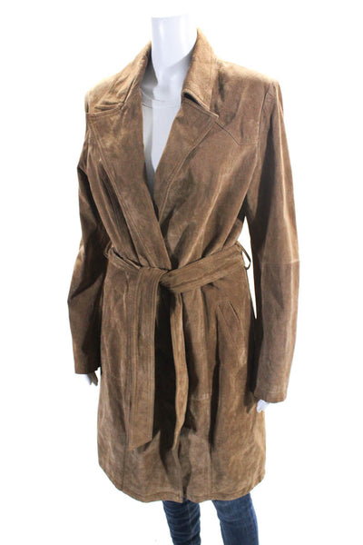Reserved Women's Leather Open Front Lined Tie Waist Overcoat Brown Size 42